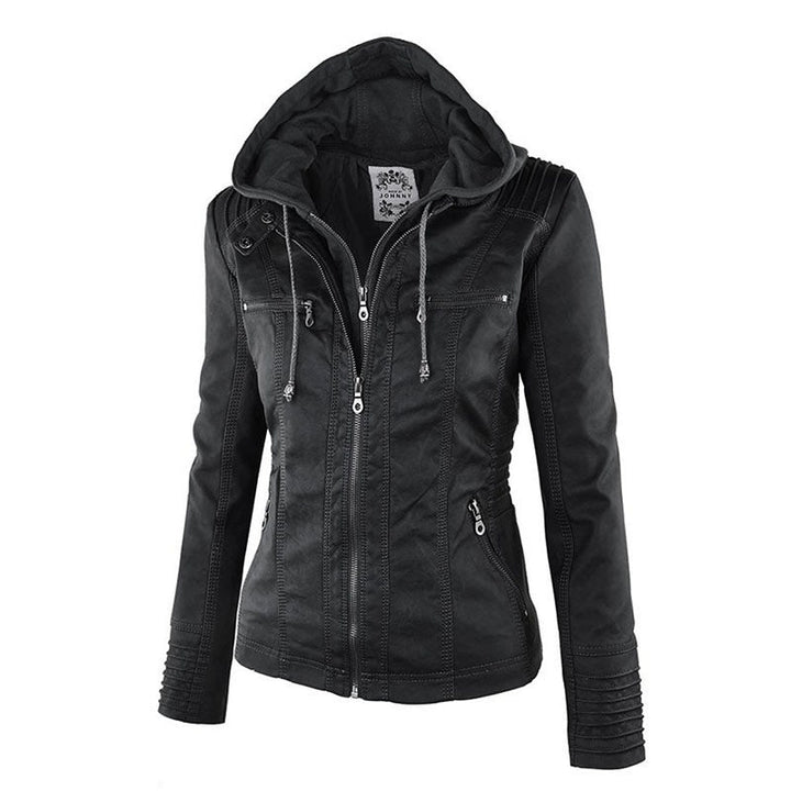 W&W Mode Lederimitat Mantel | Damen Kapuzenjacke: Basic PU-Jacke