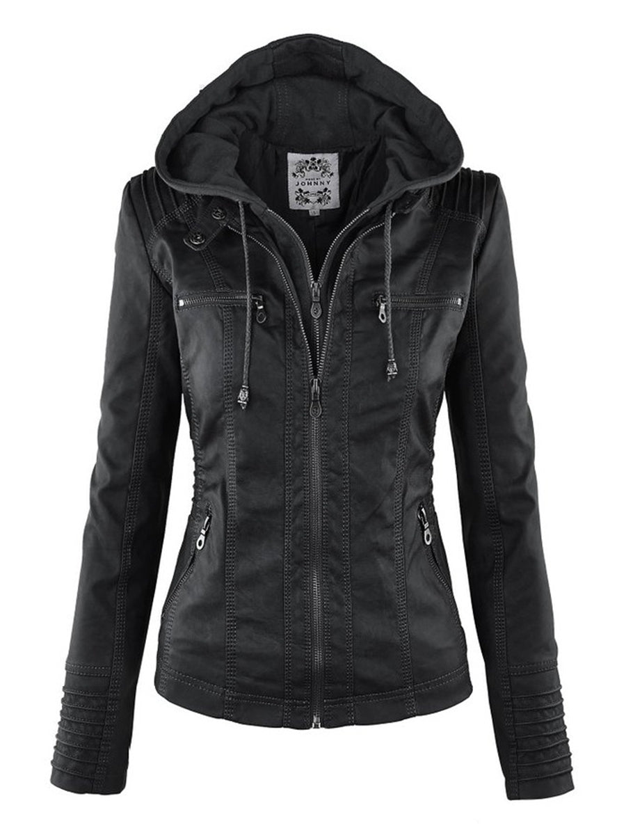 W&W Mode Lederimitat Mantel | Damen Kapuzenjacke: Basic PU-Jacke