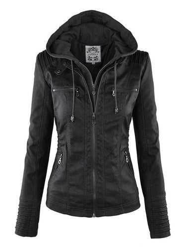 W&W Mode Lederimitat Mantel | Damen Kapuzenjacke: Basic PU-Jacke