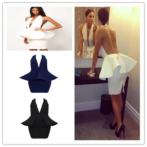 WW | Celebrity Weiß Rückenfreies V-Ausschnitt Volants Rayon Bandage Kleid Abend Festkleid Vestidos