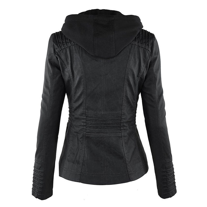W&W Mode Lederimitat Mantel | Damen Kapuzenjacke: Basic PU-Jacke