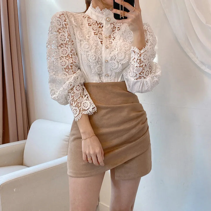 W&W Mode | Bluse Spitzenbluse mit Hohem Kragen