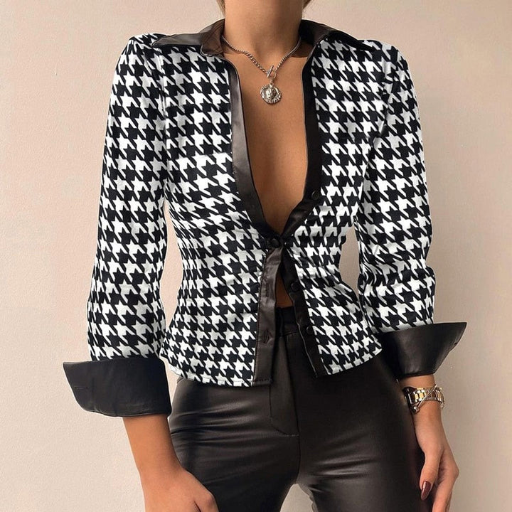 W&W Mode V-Ausschnitt PU-Leder bedruckt Langarm Patchwork-Bluse