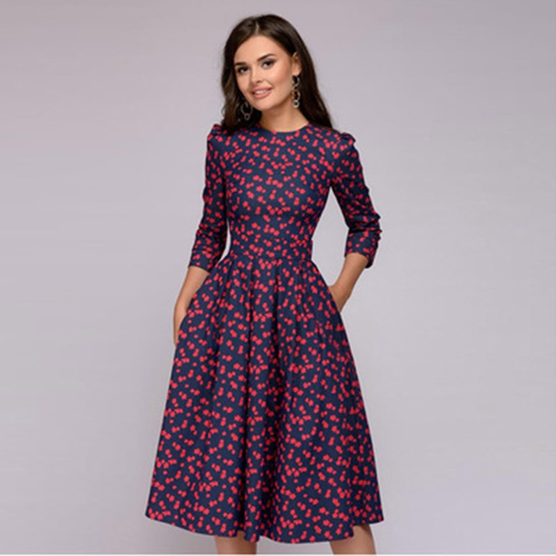 W&W Mode geblümtes Kleid drei Viertel Ärmel