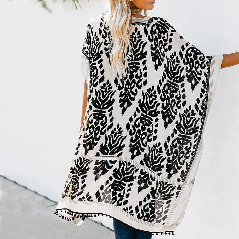 WW | Böhmischer Kimono mit Blattdruck und Fransendetail