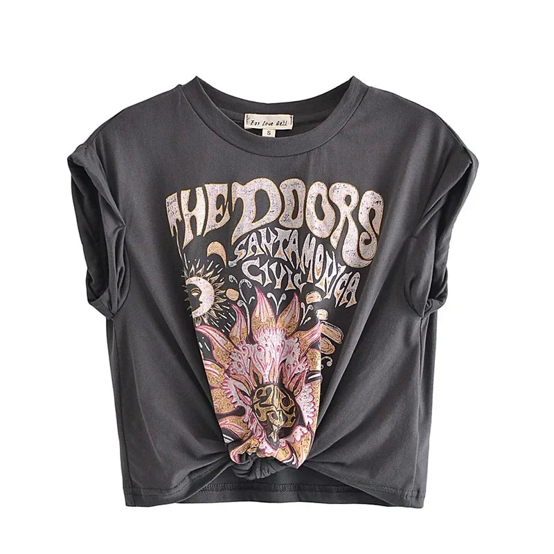 Crop-T-Shirt aus Baumwolle mit grafischem Design und Knopfdetail
