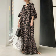 WW Leopardenkleid | Stilvolles, sommerliches, bedrucktes, oversized Maxikleid mit langen Ärmeln