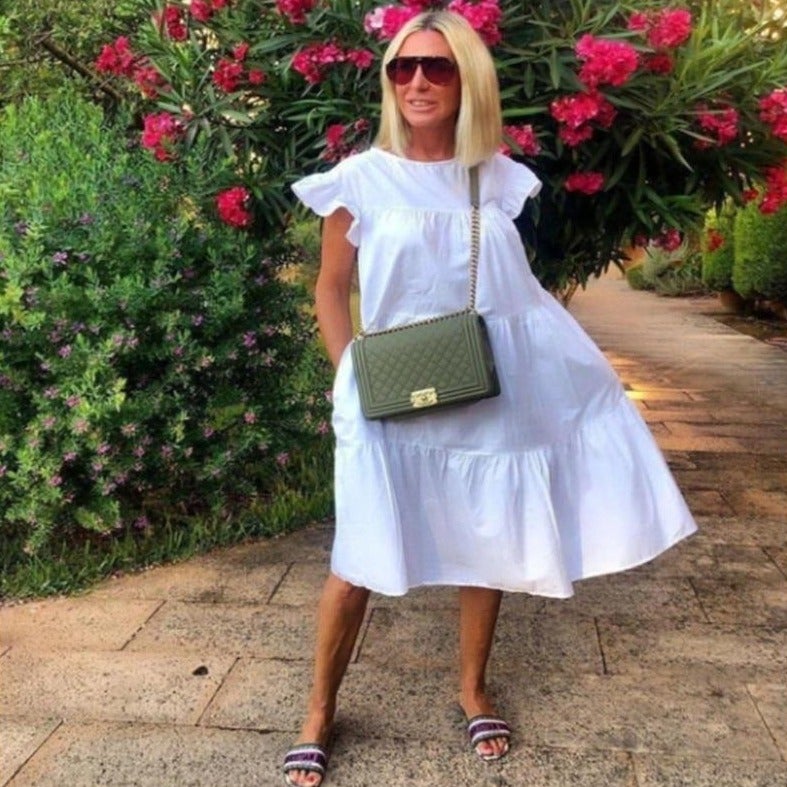 Damen Midikleid mit kurzem Ärmel und ausgestelltem Rock