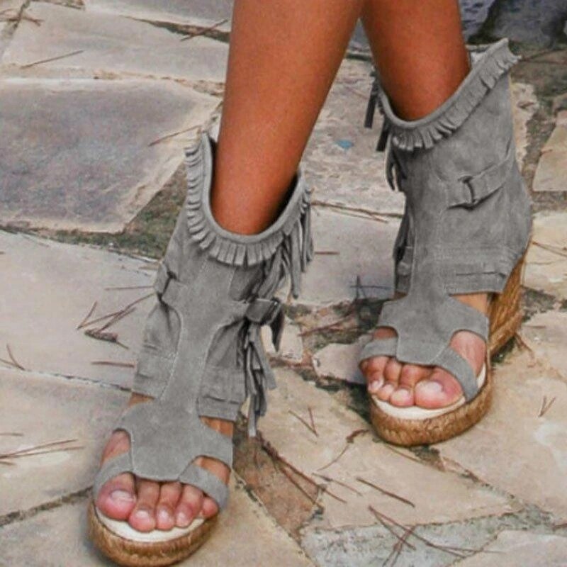WW | Weinlese PU-Quasten Peeptoe Hohe Keil Sandalen