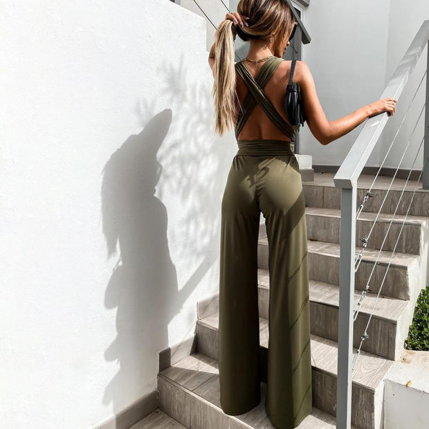 WW | Eleganter ärmelloser Jumpsuit mit tiefem V-Ausschnitt, Taillenbund und weitem Bein