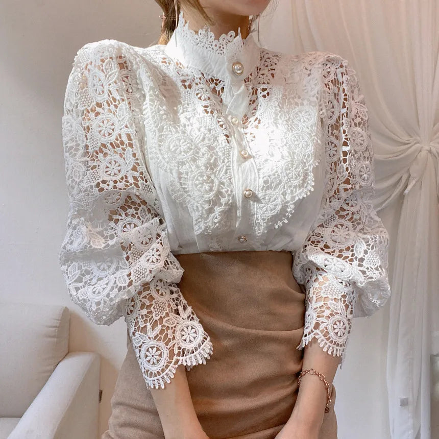 WW | Bluse Spitzenbluse mit Hohem Kragen