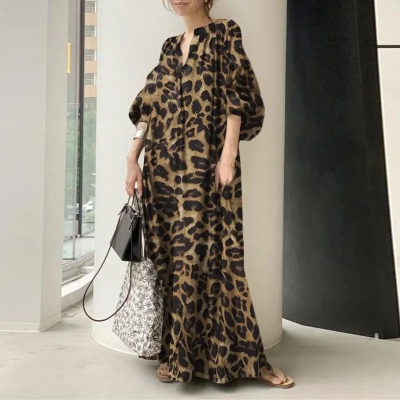 WW Leopardenkleid | Stilvolles, sommerliches, bedrucktes, oversized Maxikleid mit langen Ärmeln