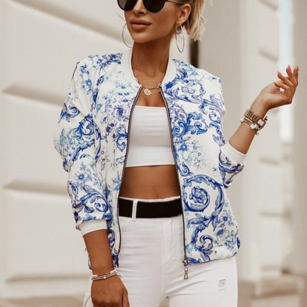 WW Jazzy Blumen-Bomberjacke: Elegante Damenjacke mit Reißverschluss und Blumenmuster, Langarm, Vintage, Schlanker Schnitt, 4 Farben