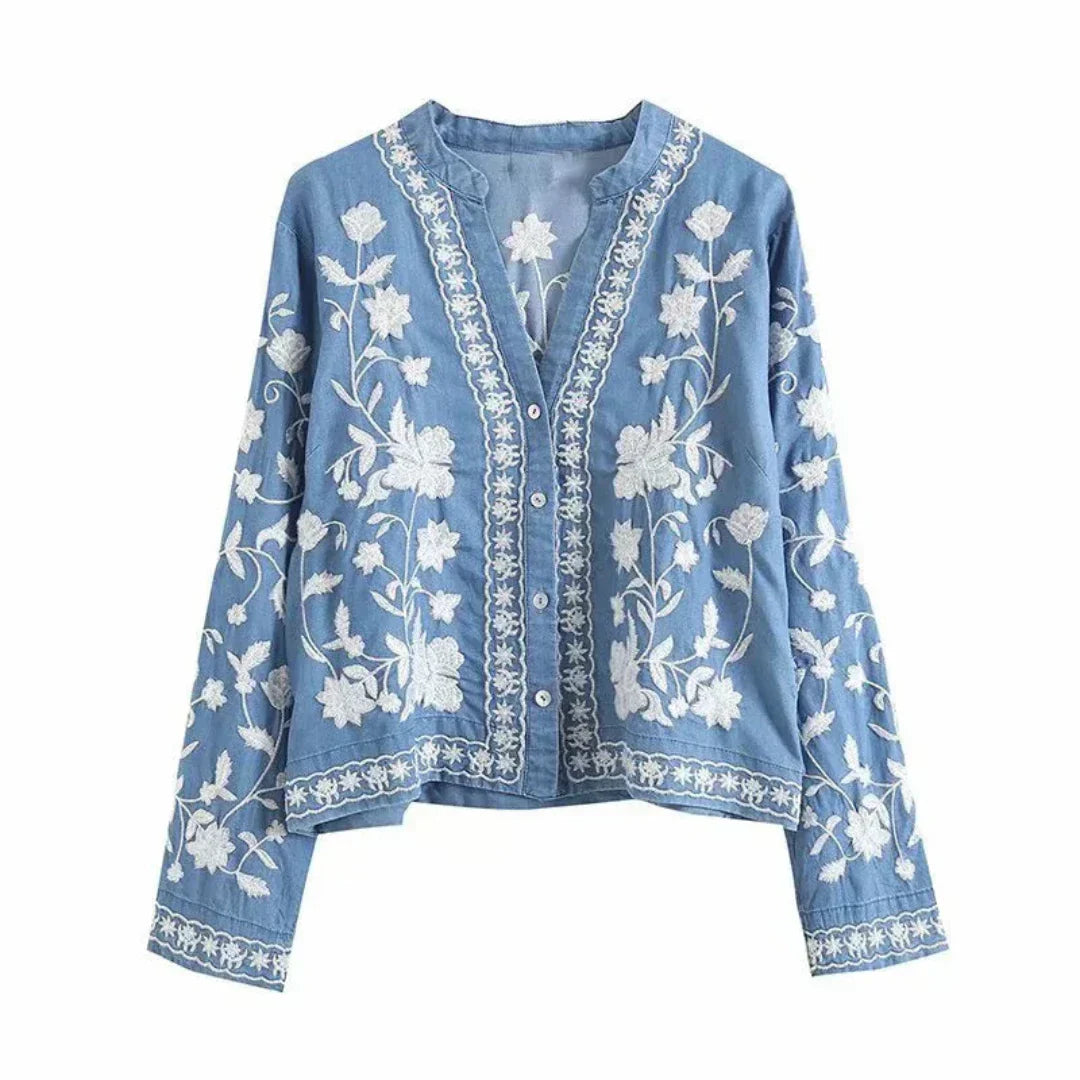 WW | Denimjacke Besticktes Blumenmuster Knopfverschluss Lockere Passform