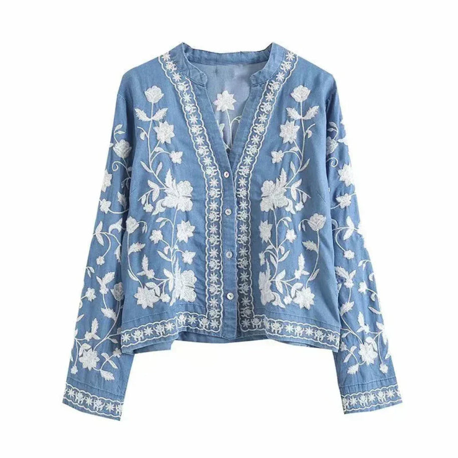 WW | Denimjacke Besticktes Blumenmuster Knopfverschluss Lockere Passform