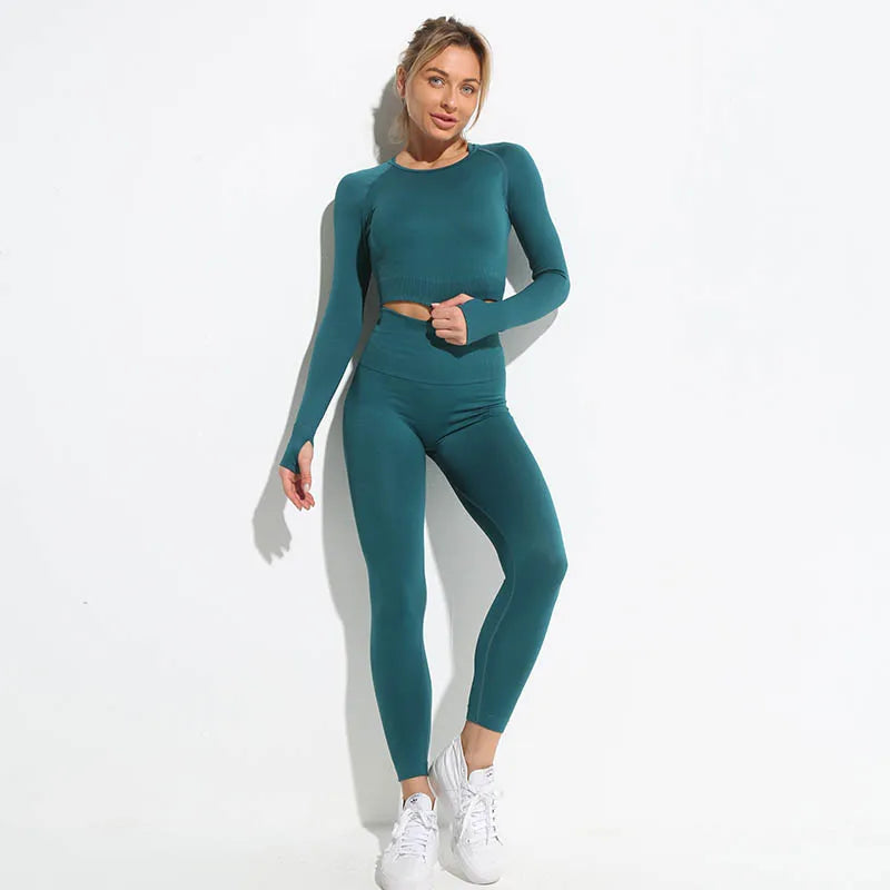 WW | 2 Stk Nahtlose Hyperflex Trainingssport Outfits für Damen Sportbekleidung Athletische Kleidung Gym Lange Ärmel Crop Top Hohe Taille Leggings