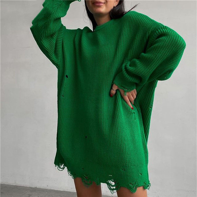 W&W Mode Ripped O Neck Oversized Sweater Kleid