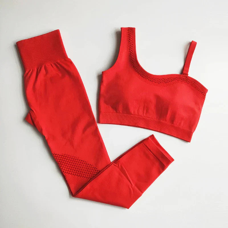 WW | Nahtloses Yoga-Set Sport Outfits Frauen 2Pcs Geteilt Hohl Lange Ärmel Crop Top Leggings Trainingskleidung Fitness Set