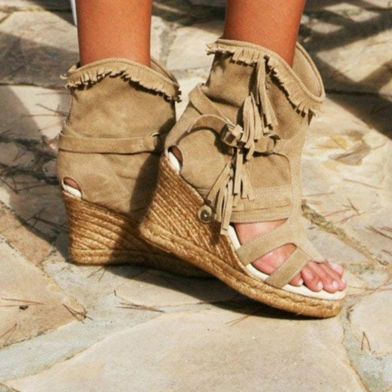 WW | Weinlese PU-Quasten Peeptoe Hohe Keil Sandalen
