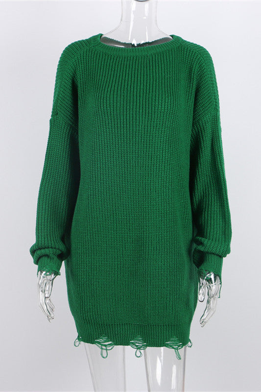 W&W Mode Ripped O Neck Oversized Sweater Kleid