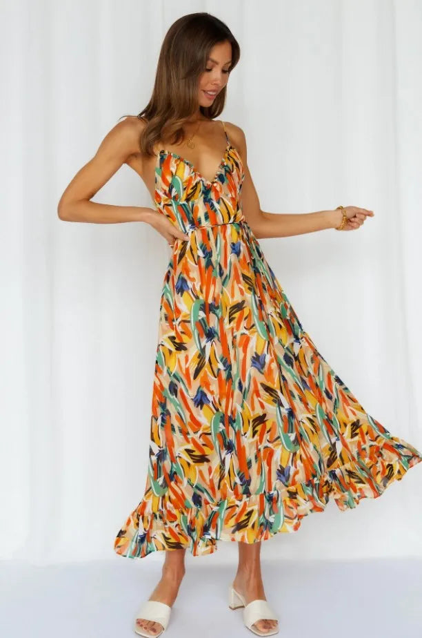 W&W Mode Sommerkleid | Midi Damenkleid mit offenem Rücken und Ausschnitt, bedruckt