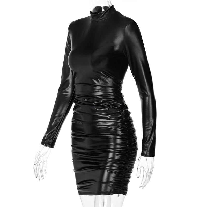 WW | Mini Kleid mit hohem Kragen und langen gerafften Ärmeln
