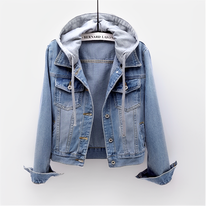 W&W Mode | Lange Ärmel Jeansjacke mit Abnehmbarer Kapuze für Damen