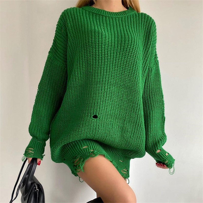 W&W Mode Ripped O Neck Oversized Sweater Kleid