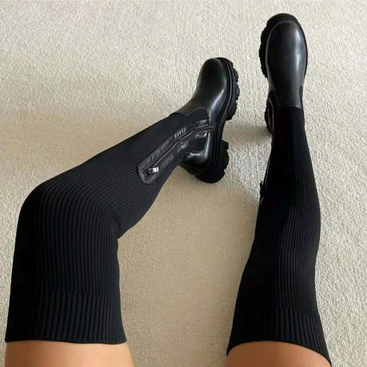 W&W Mode Damen Overknee-Stiefel | Gestrickte Damen Stiefel: Plateau-Design, lange Sockenschuhe