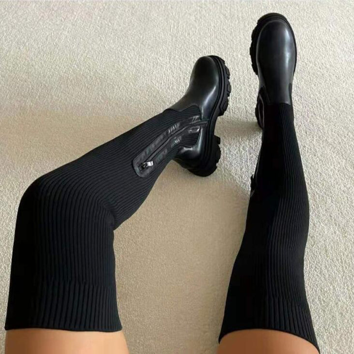 W&W Mode Damen Overknee-Stiefel | Gestrickte Damen Stiefel: Plateau-Design, lange Sockenschuhe