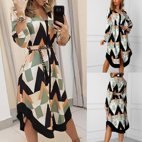 W&W Mode Wellen-Druck Lange Ärmel Kleid