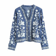 WW | Denimjacke Besticktes Blumenmuster Knopfverschluss Lockere Passform