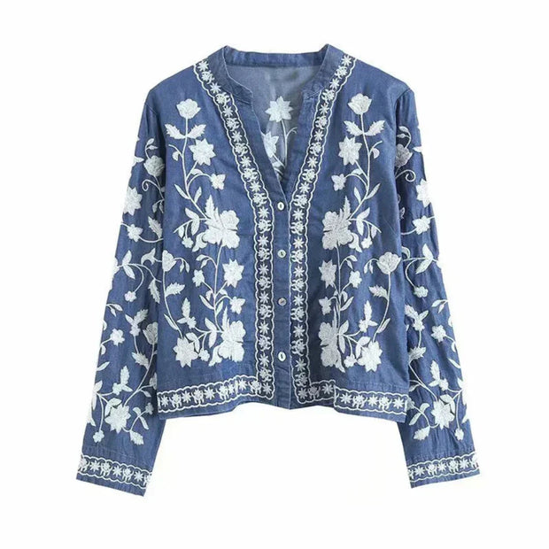 WW | Denimjacke Besticktes Blumenmuster Knopfverschluss Lockere Passform