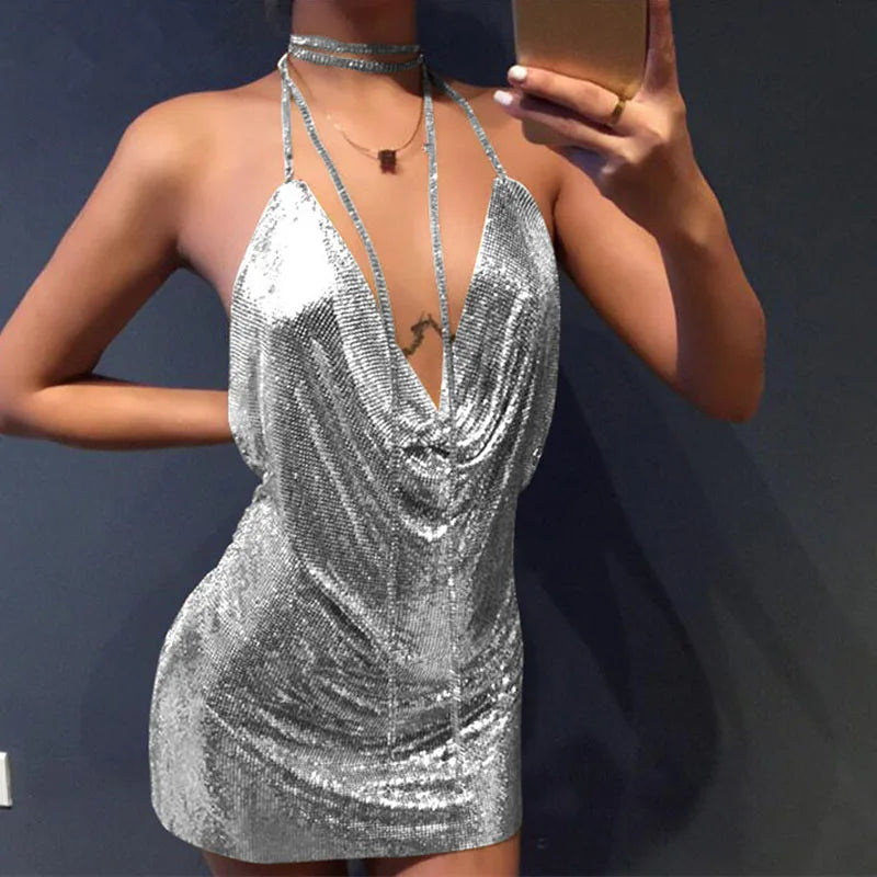 WW | Diamond Halter Rückenfreies Split Metallisch Mini Kleid