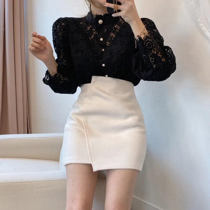 W&W Mode | Bluse Spitzenbluse mit Hohem Kragen
