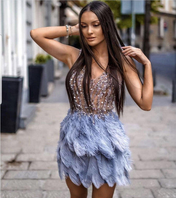 WW | Federn Pailletten Ärmellose Mini Kleider