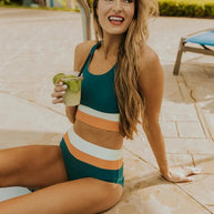 WW | High Waist Colorblock Marine Cut Back Crop Bikini Set