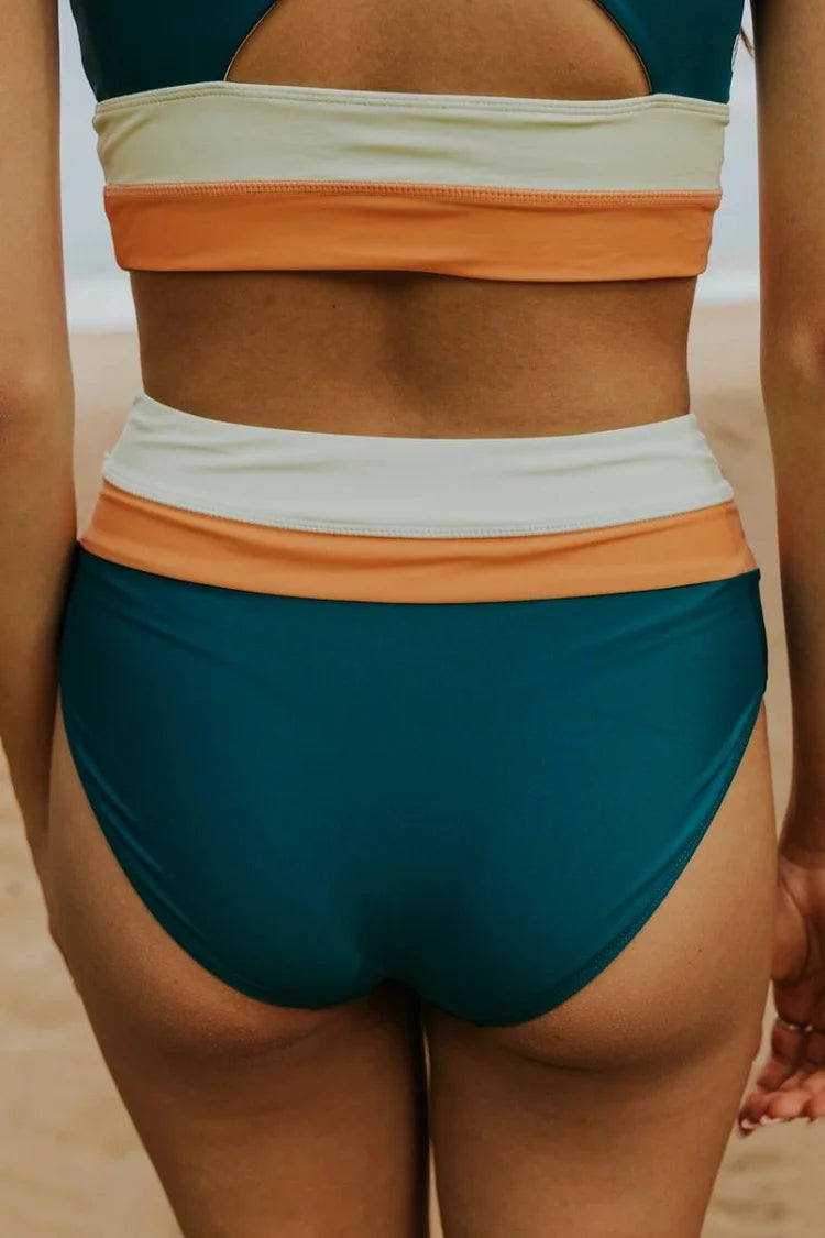 WW | High Waist Colorblock Marine Cut Back Crop Bikini Set