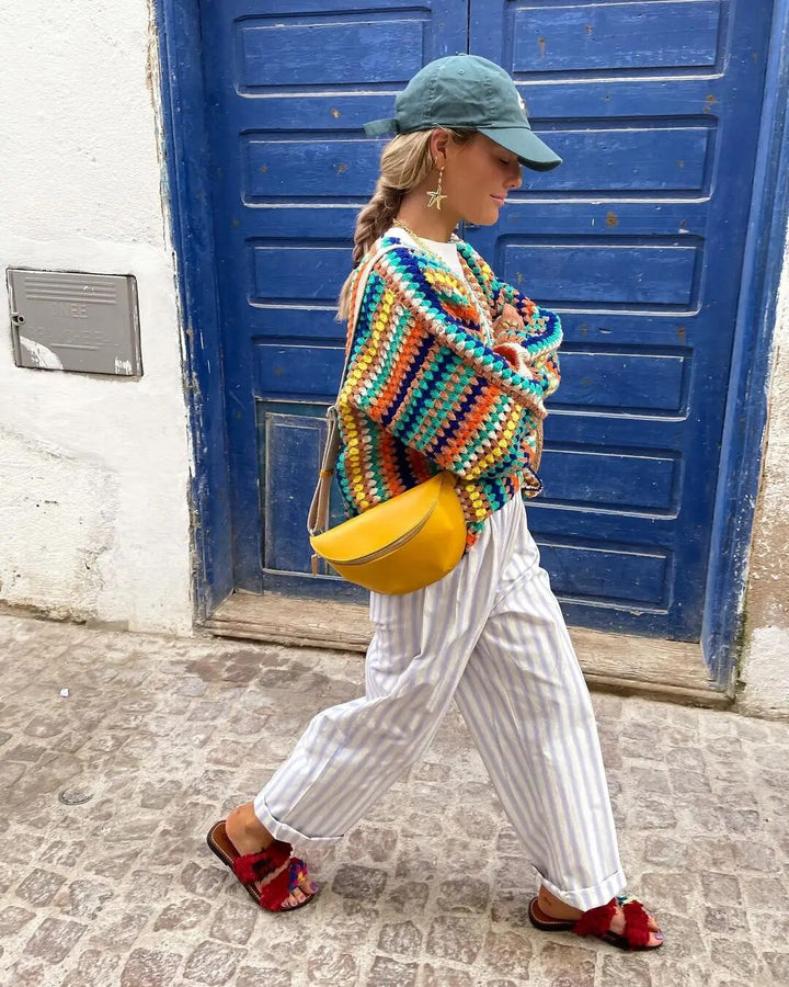 Damen Boho-Strickjacke aus Merinowolle mit Häkeloptik