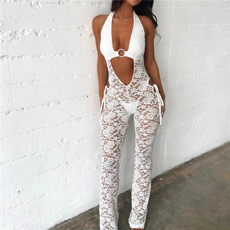 WW | Mesh Ärmellose Offene V-Bauchnabel Overall