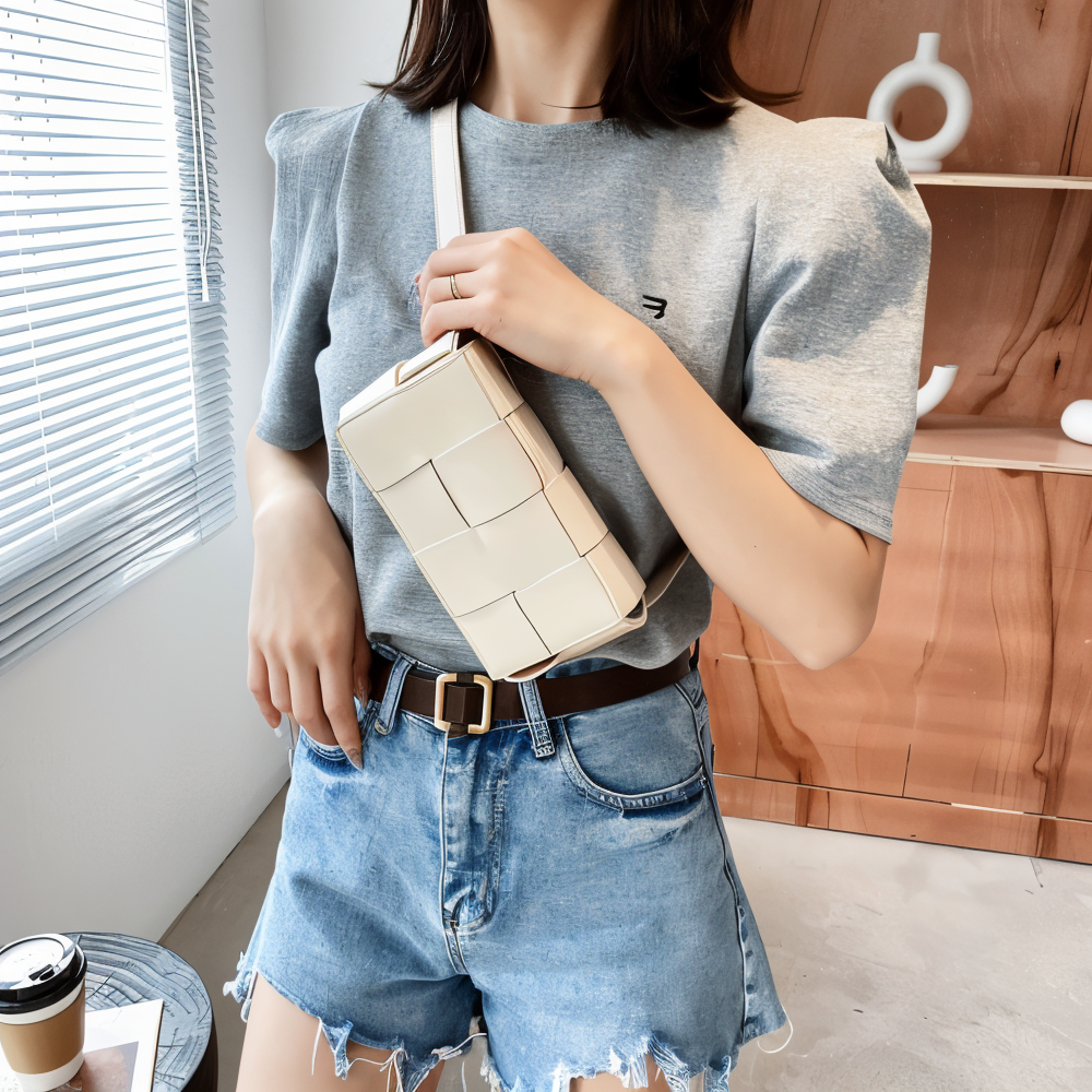 W&W Mode - Geblockte Umhängetasche Vegan Leder Damen | Geflochtene Tasche Frauen
