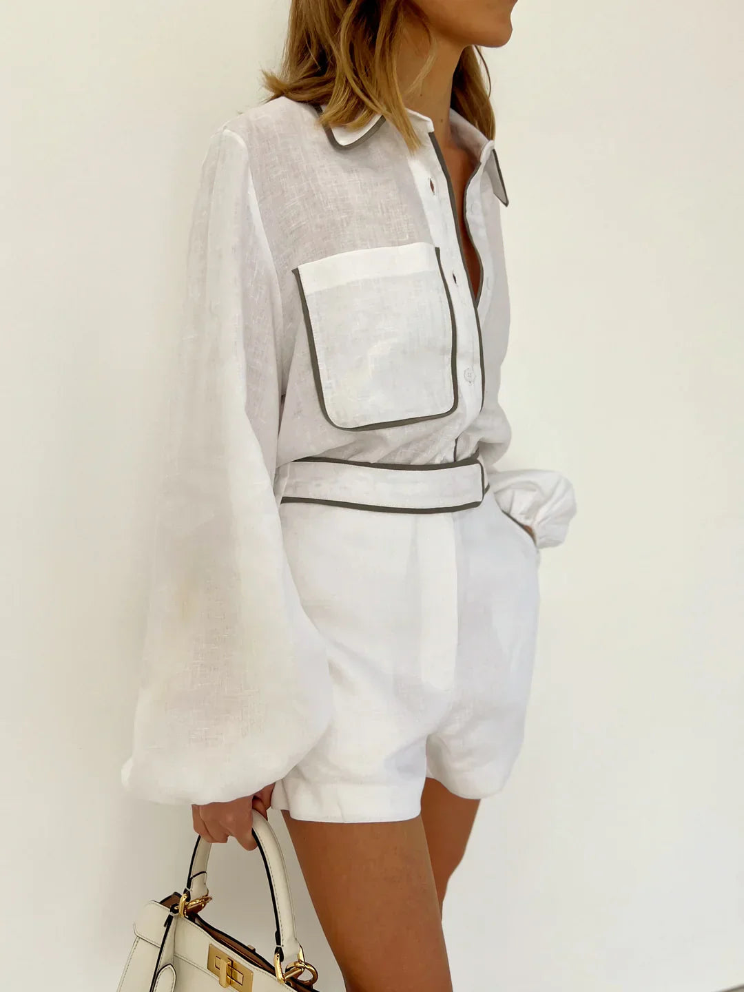 WW | Leinen Kontrastbesatz Zweiteiliges Shorts Set