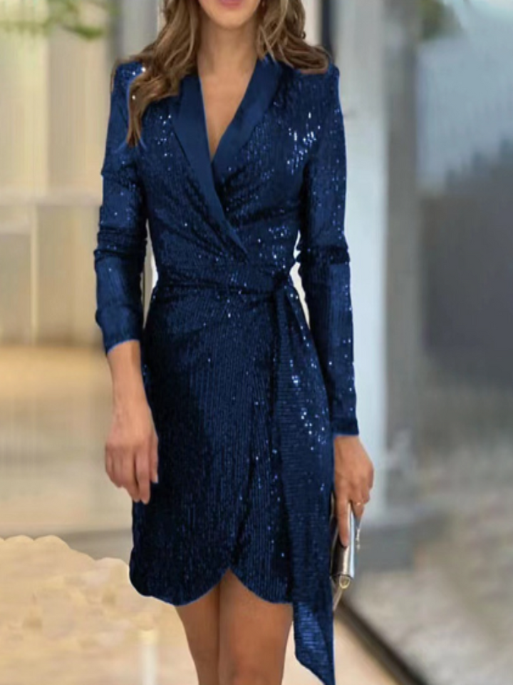 W&W Mode - Pailletten Wickelkleid mit langen Ärmeln