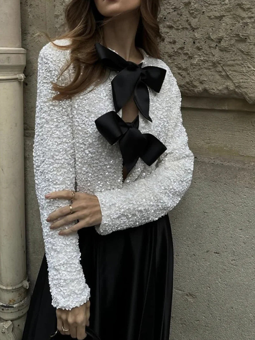 W&W Mode - Damen Pailletten Top mit Fliege Details für Party Glam