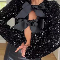 WW - Damen Pailletten Top mit Fliege Details für Party Glam
