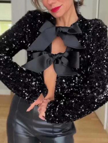 WW - Damen Pailletten Top mit Fliege Details für Party Glam