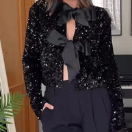 WW - Damen Pailletten Top mit Fliege Details für Party Glam