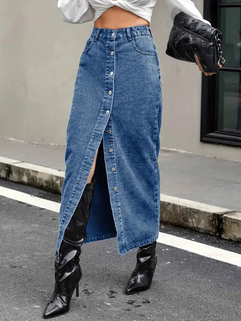 WW | Jeansrock, Button Down, dehnbar, langer Jeansrock, Maxirock