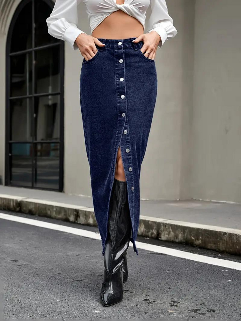 WW | Jeansrock, Button Down, dehnbar, langer Jeansrock, Maxirock