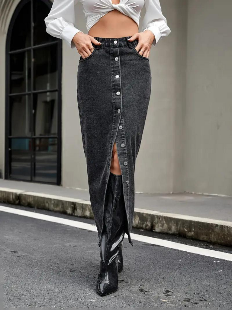 WW | Jeansrock, Button Down, dehnbar, langer Jeansrock, Maxirock